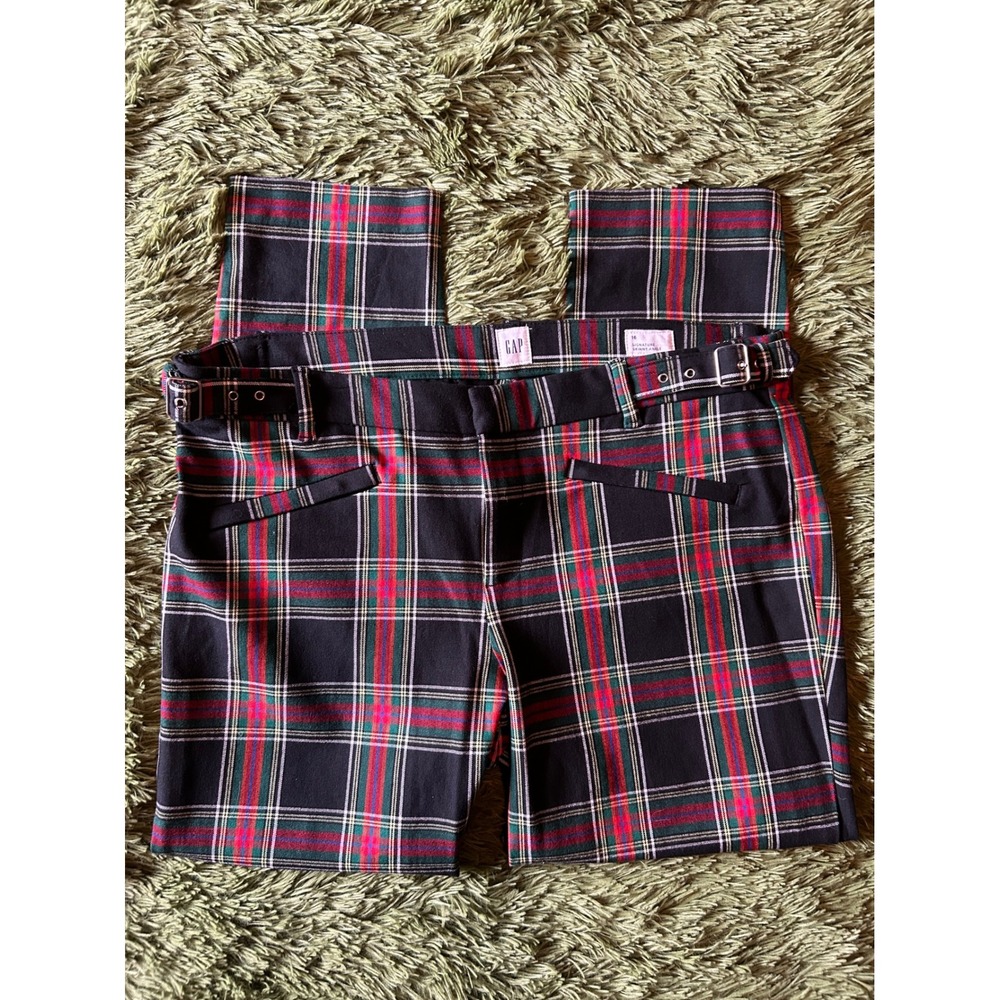 Gap Signature Skinny Ankle Pants Womens 16 Plaid Tartan Holiday Side Buckle Navy